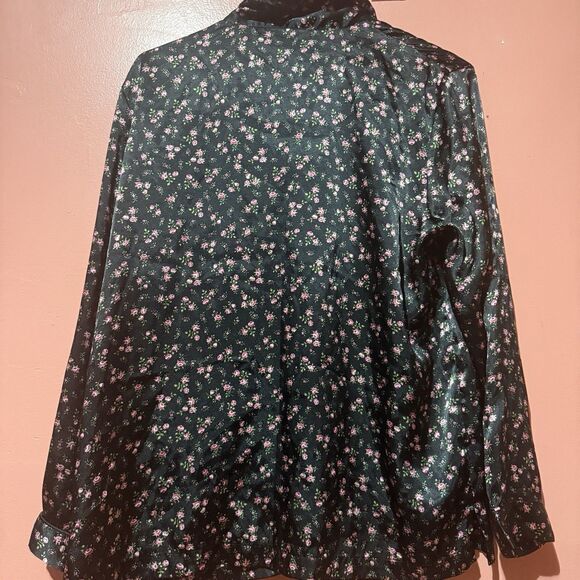 Morgan Taylor Intimates Womens Pajama Top M Medium Black Pink Flowers Button Up - Picture 2 of 6